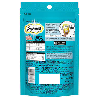Temptations Crunchy Cat Treats, Tempting Tuna Flavour, 85 g, Goodness of Protein, Vitamins & Minerals, Soft Inside Crunchy Outside, Adult, Pebbles