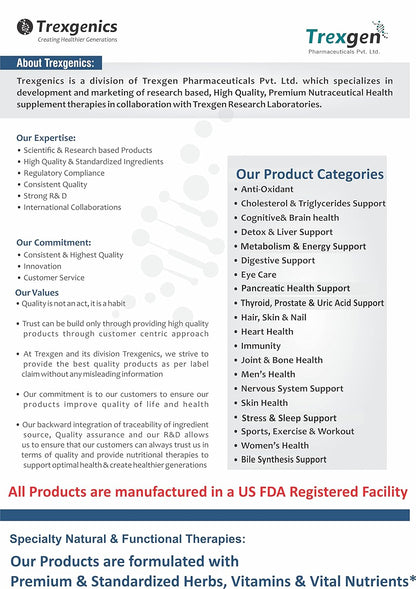 Brochure or document about Trexgenics, a division of Trexgen Pharmaceuticals, detailing their expertise, product categories, and manufacturing information.