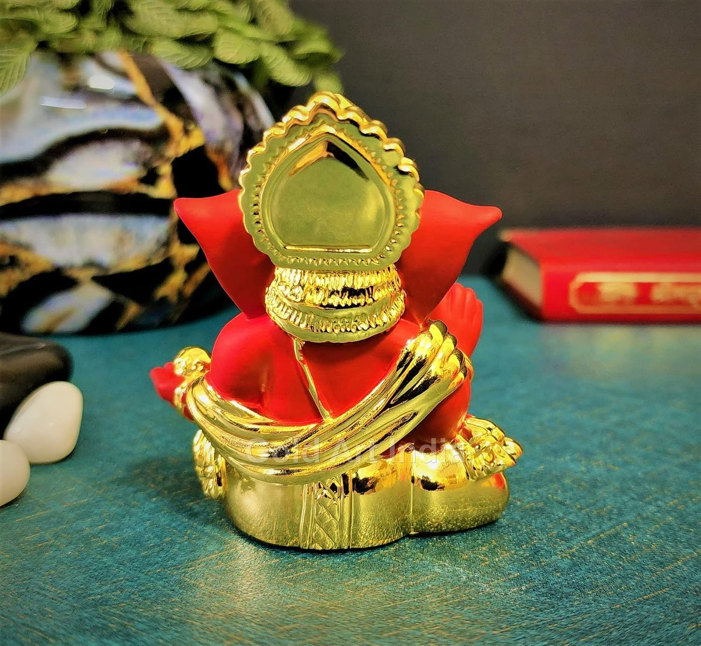 Gold Art India Gold Plated with Red Terracotta Gaddi Ganesha for Car Dashboard Home Decor Gifting Diwali Birthday Festivals (Gold Red)