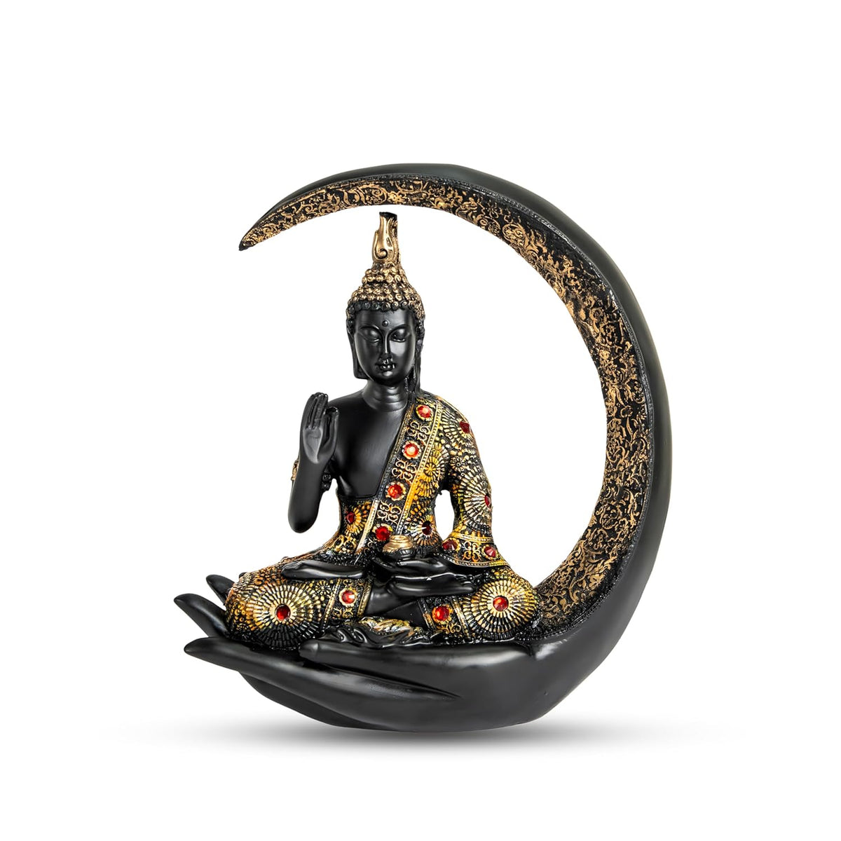 10 Inch 3D Meditating Buddha Statue with Crescent Moon | Black Resin Buddha Idol for Home Decor, Living Room, Office Desk & Gift | Lucky Spiritual Decorative Showpiece