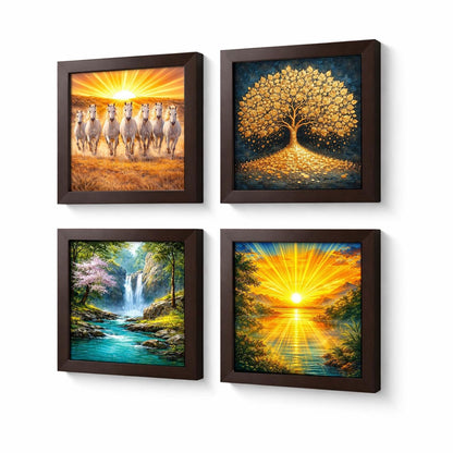 Vastu Combo Set | Rising Sun Sunrise | Waterfall Running Water | Golden Tree Kalpvriksh | Seven 7 White Running Horse | Set of 4 | Framed Poster