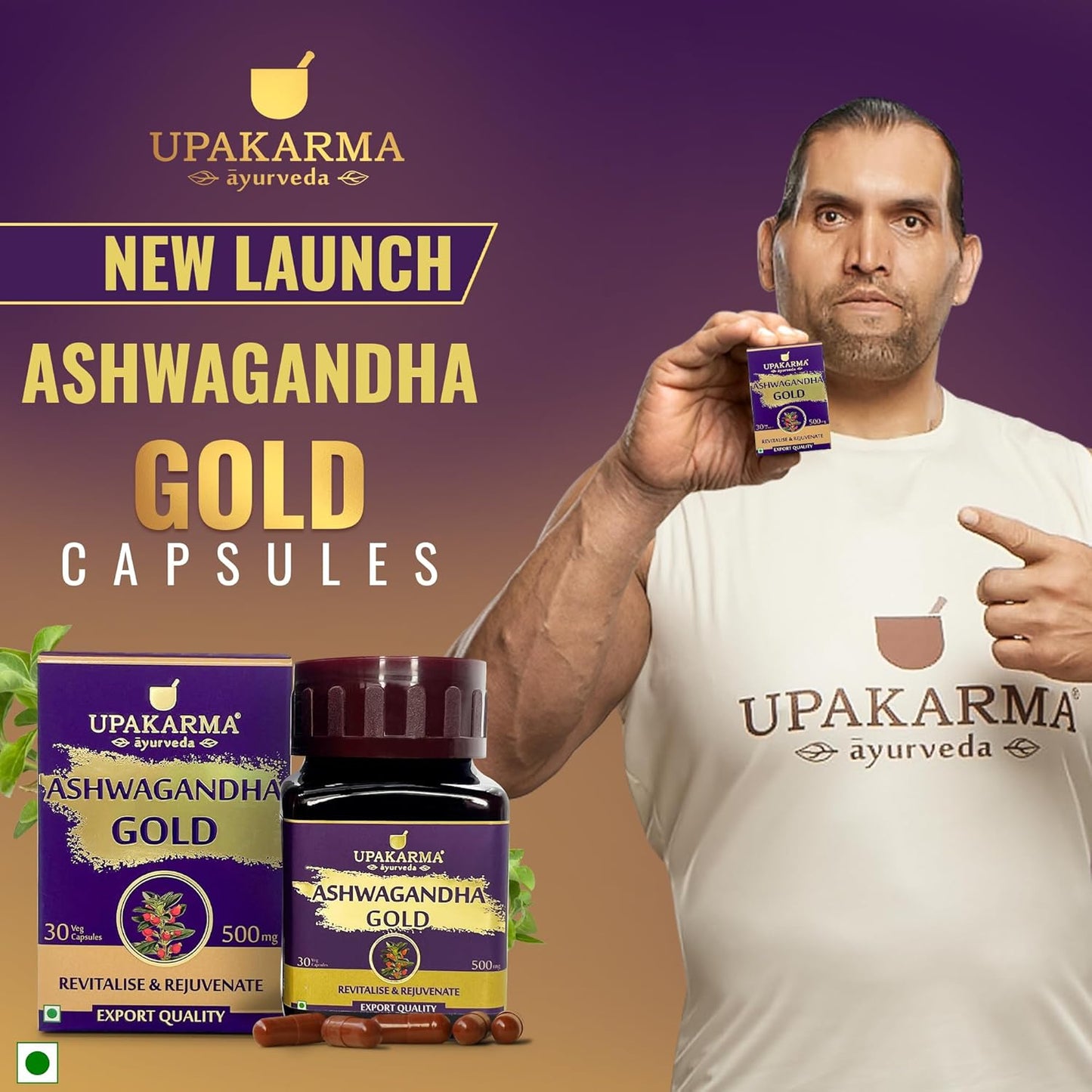 Upakarma Ashwagandha Gold 30 Capsules | Contains Gold | Ashwagandha Root Extract, Brahmi, Shigru and Other Action Herbs | Helps in Stress & Sleep Management