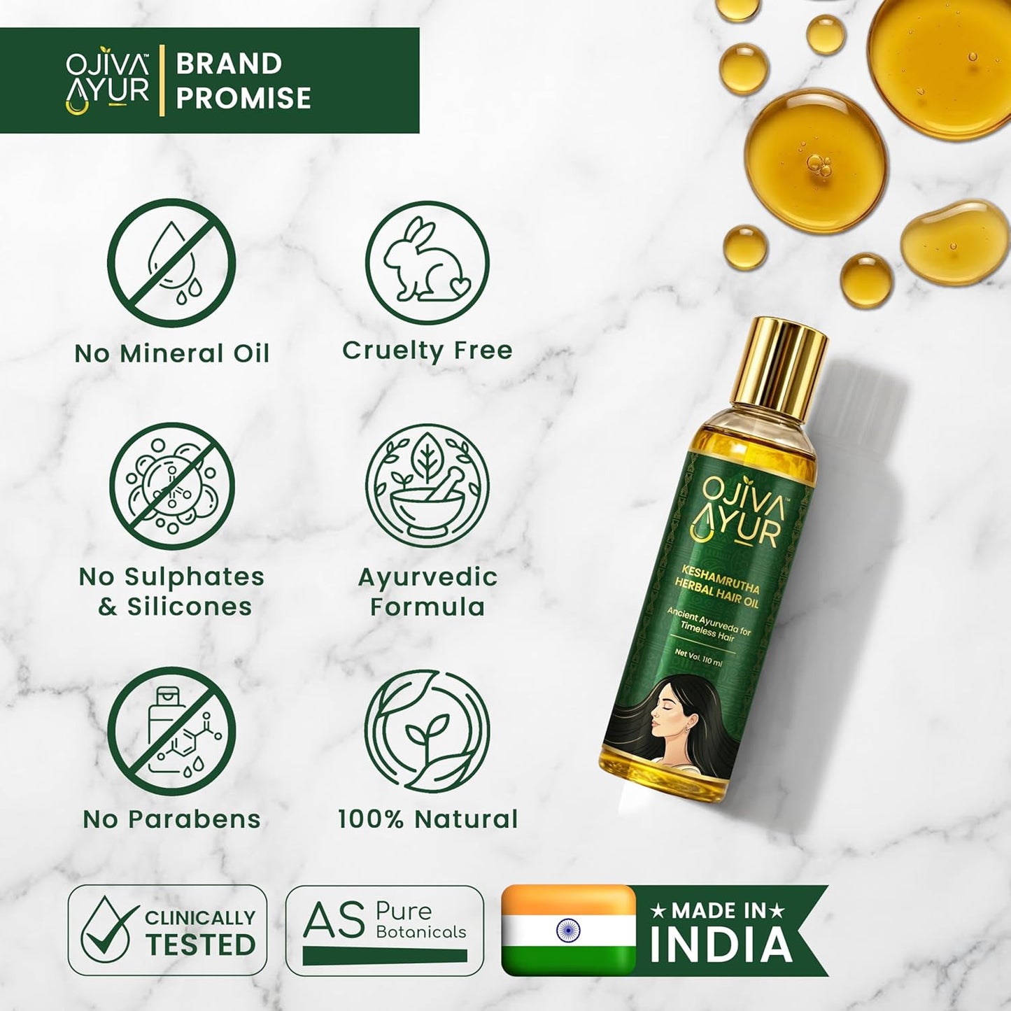OJIVA AYUR Keshamrutha Bhringraj & Amla Hair Oil for Hair Growth & Hair Fall Control | Ayurvedic Oil with Kalonji, Cold-Pressed Coconut, Sesame, Almond | For Men & Women | Lab-Tested | 115ml