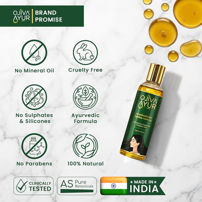OJIVA AYUR Keshamrutha Bhringraj & Amla Hair Oil for Hair Growth & Hair Fall Control | Ayurvedic Oil with Kalonji, Cold-Pressed Coconut, Sesame, Almond | For Men & Women | Lab-Tested | 115ml