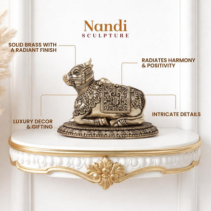 Handcrafted Brass Nandi Murti | Sacred Bull Idol for Shiva Pooja & Home Temple | Traditional Hindu Devotional Statue (Design02: L7 x W4 x H5 cm)