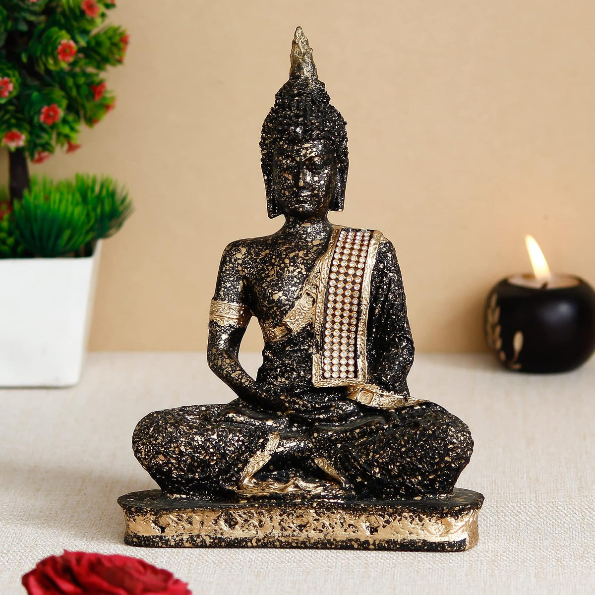 eCraftIndia Golden Black Meditating Lord Buddha Idol for Home Decor Living Room Office | Gautam Buddha Statue Gift for Diwali Housewarming Birthday Buddha Purnima