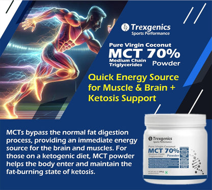 Trexegenics MCT powder advertisement with a running man graphic and product container.