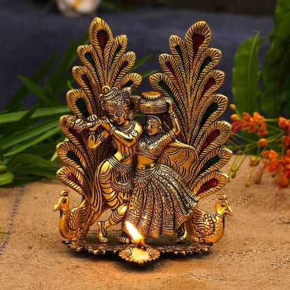 Brass Finish Metal Statue of Lord Krishna and Radha with Peacock, Traditional Indian Decor with Intricate Detailing for Home & Office 7-Inch Decorative Idol for Spiritual, Cultural.