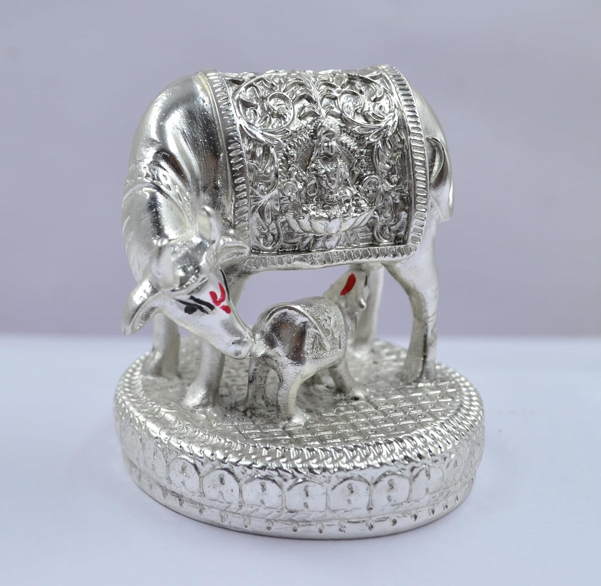 999 Pure Silver-Plated Kamdhenu Cow with Calf Idol Statue 2.5 Inch Vastu Decor, Gift for Ganpati Festival Home Decoration Items, House Warming Gifts, Anniversary Wedding Gifts for Women