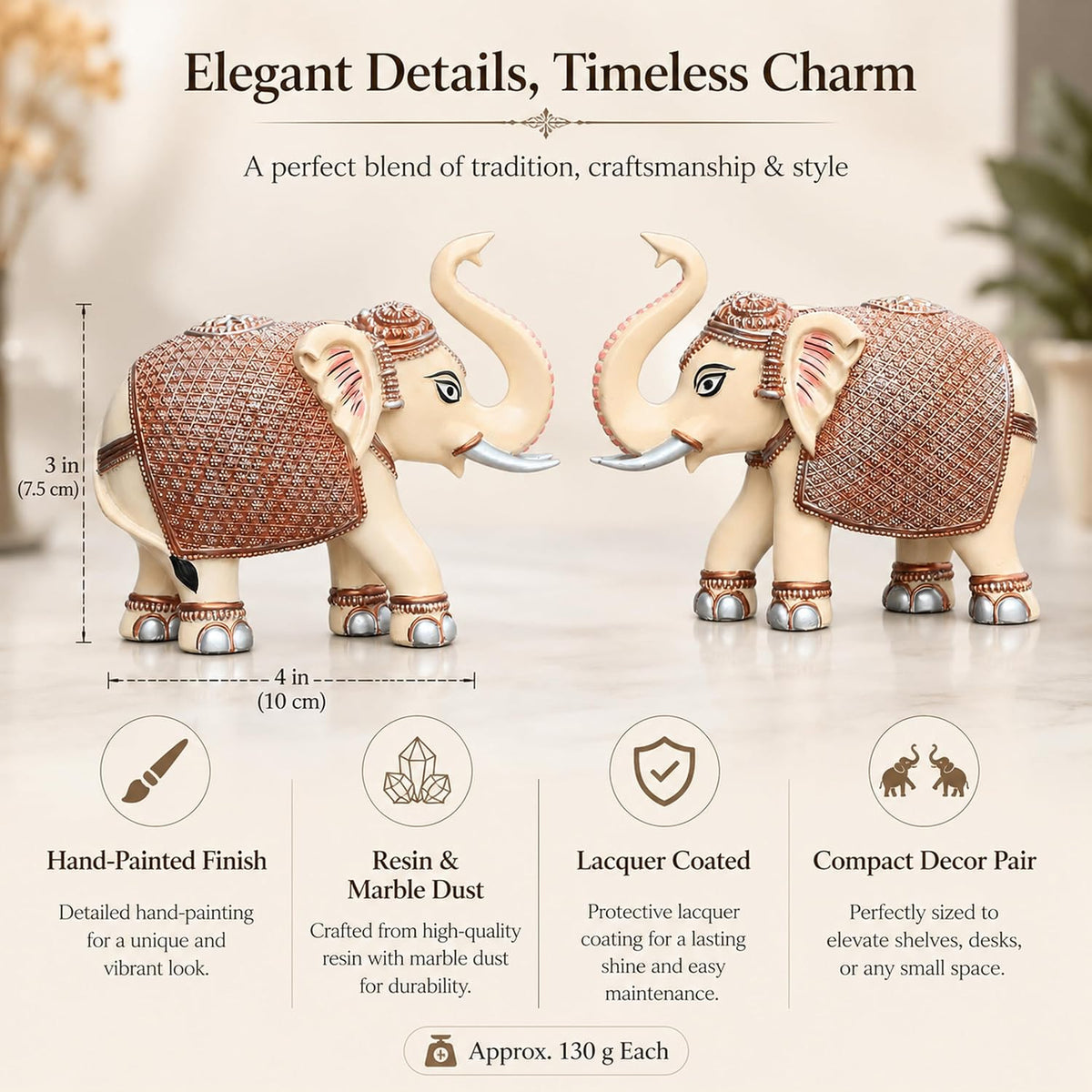 Peach Cream Mini Elephant Showpiece Pair, Car Dashboard, 3 Inch