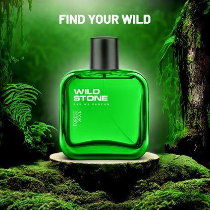 Green Wild Stone perfume bottle in a forest setting with 'Find Your Wild' text.