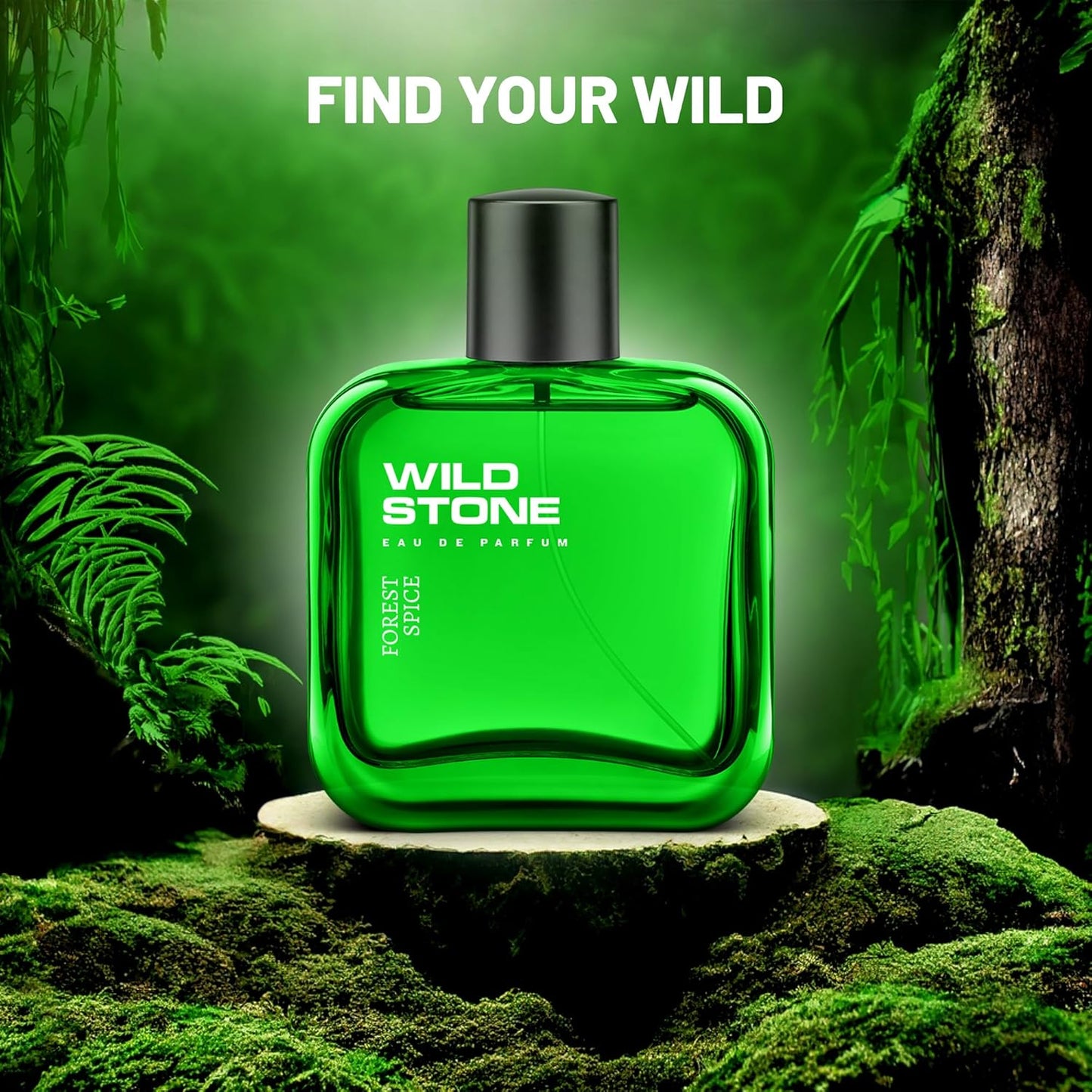 Green Wild Stone perfume bottle in a forest setting with 'Find Your Wild' text.