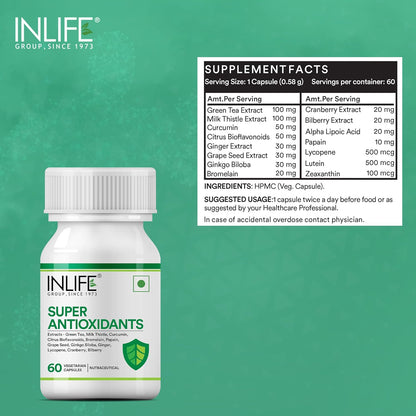 INLIFE Super Antioxidant Supplement Lycopene, Green Tea, Milk Thistle, Curcumin, Grape Seed, Ginkgo Biloba, Ginger, Cranberry, Alpha Lipoic Acid, Lutein, Zeaxanthin - Pack of 60 Vegetarian Capsules