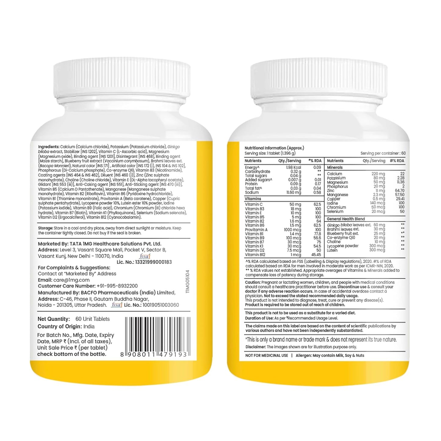 Tata 1mg Senior 50+ Multivitamin & Multimineral Veg Tablet with Calcium for Bone, Skin, Eye, Immunity, Heart & Joints, For Men & Women, Non-GMO & No Added Preservatives (Pack Of 60)