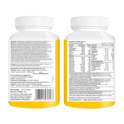 Tata 1mg Senior 50+ Multivitamin & Multimineral Veg Tablet with Calcium for Bone, Skin, Eye, Immunity, Heart & Joints, For Men & Women, Non-GMO & No Added Preservatives (Pack Of 60)