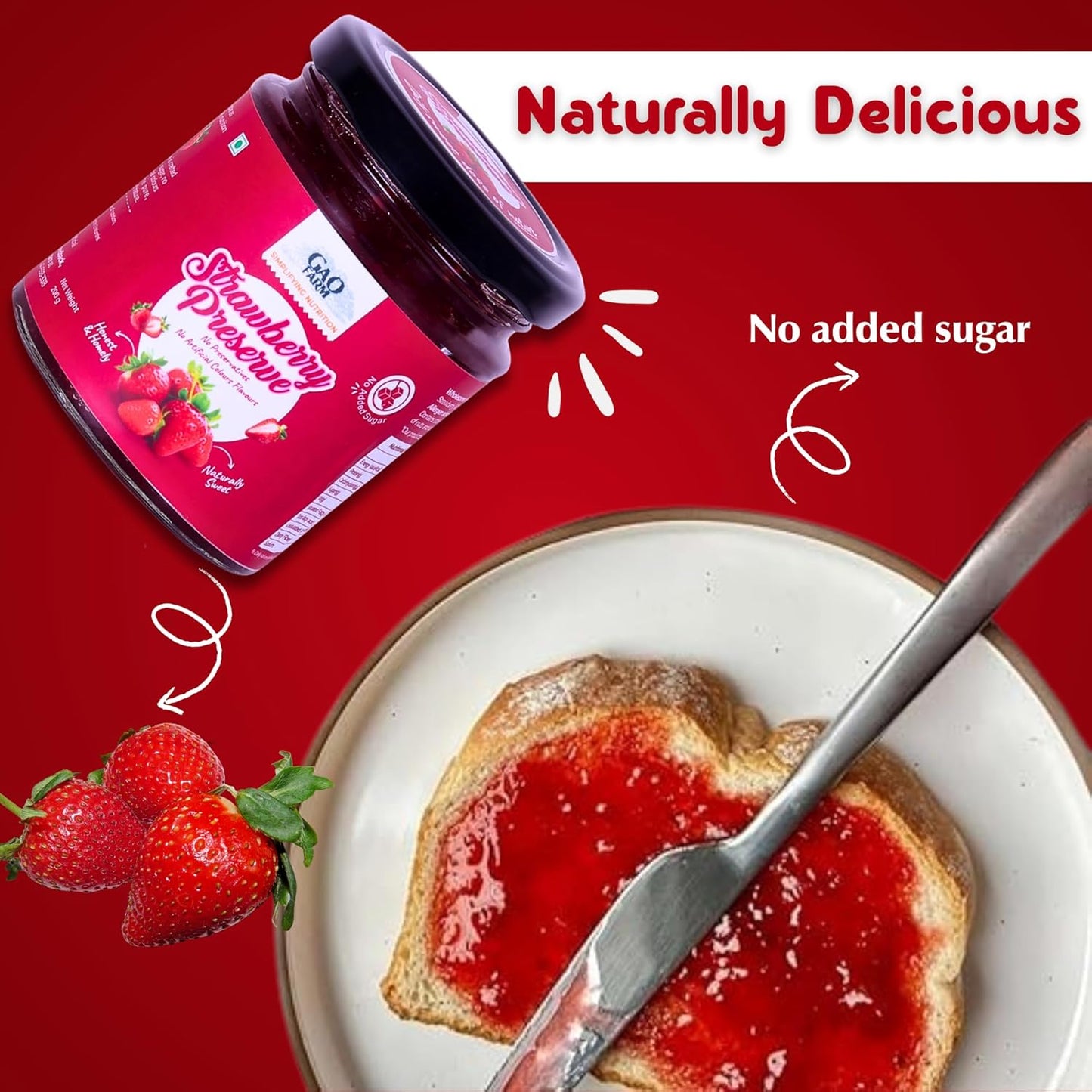 GAO FARM Natural Strawberry Jam & Preserve 200g | No Added Sugar, Vegan & Gluten Free | 100% Real Strawberries & Apple Juice | No Preservatives | Toast, Breakfast & Baking Spread