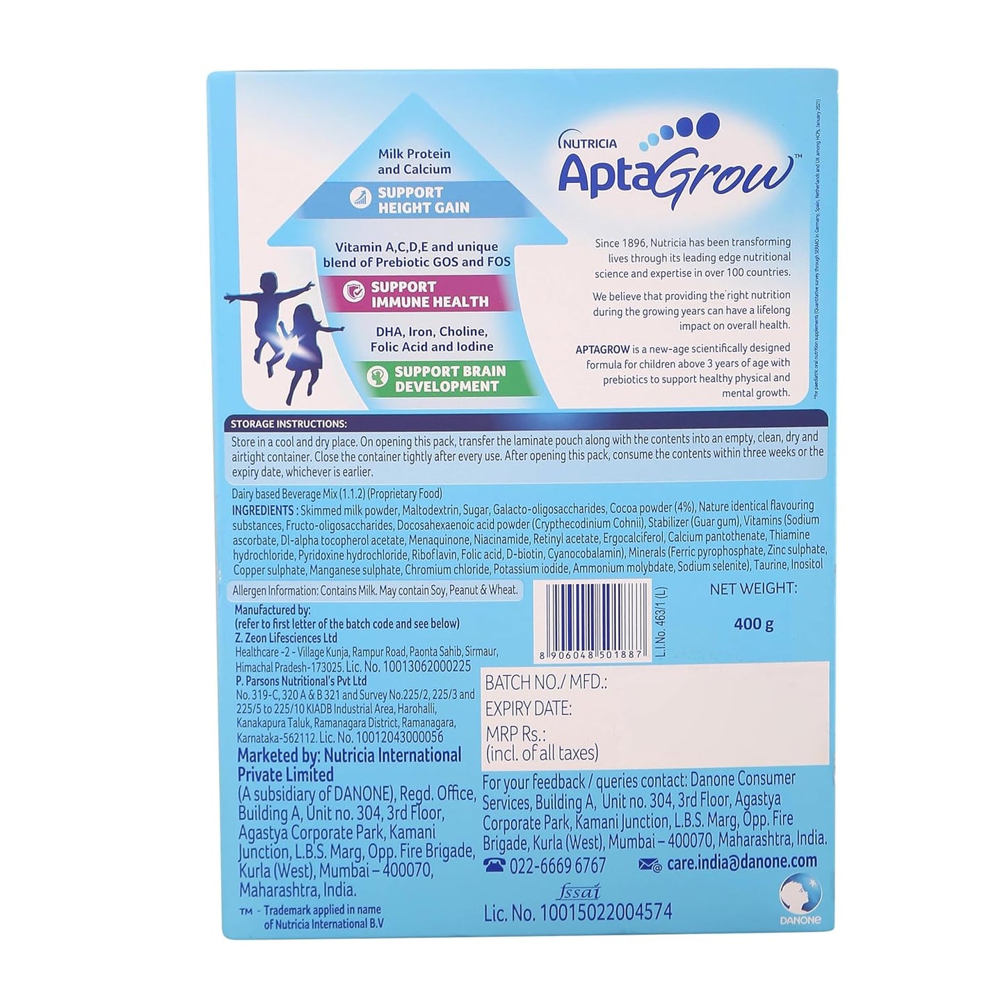 AptaGrow Milk Drink Powder For Kid S Height Gain,Immunity & Brain Development,Nutritious & Tasty Chocolate Flavor,400 G|37 Nutrients|Prebiotics|Low Fat|Veg,1 Count,13 Servings