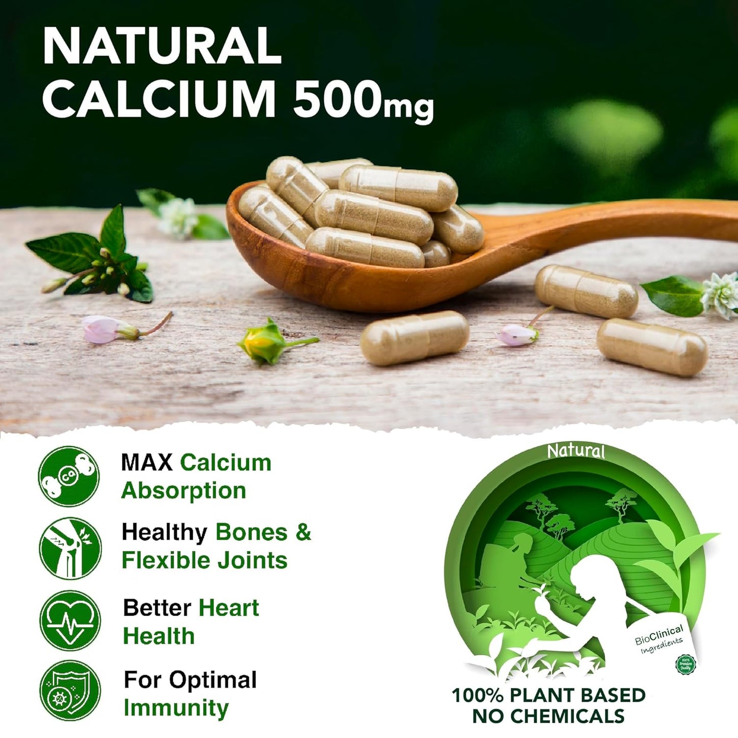 BioClinical 500mg Plant Calcium Magnesium Zinc Vitamin D3 + K2 for Joint Support & Bone Health -100% Plant Based Supplement -Made with Natural Ayurvedic Herbs & Plant Extracts - 60 Veg Capsules