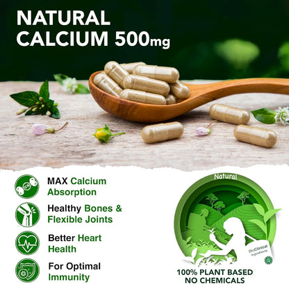 BioClinical 500mg Plant Calcium Magnesium Zinc Vitamin D3 + K2 for Joint Support & Bone Health -100% Plant Based Supplement -Made with Natural Ayurvedic Herbs & Plant Extracts - 60 Veg Capsules