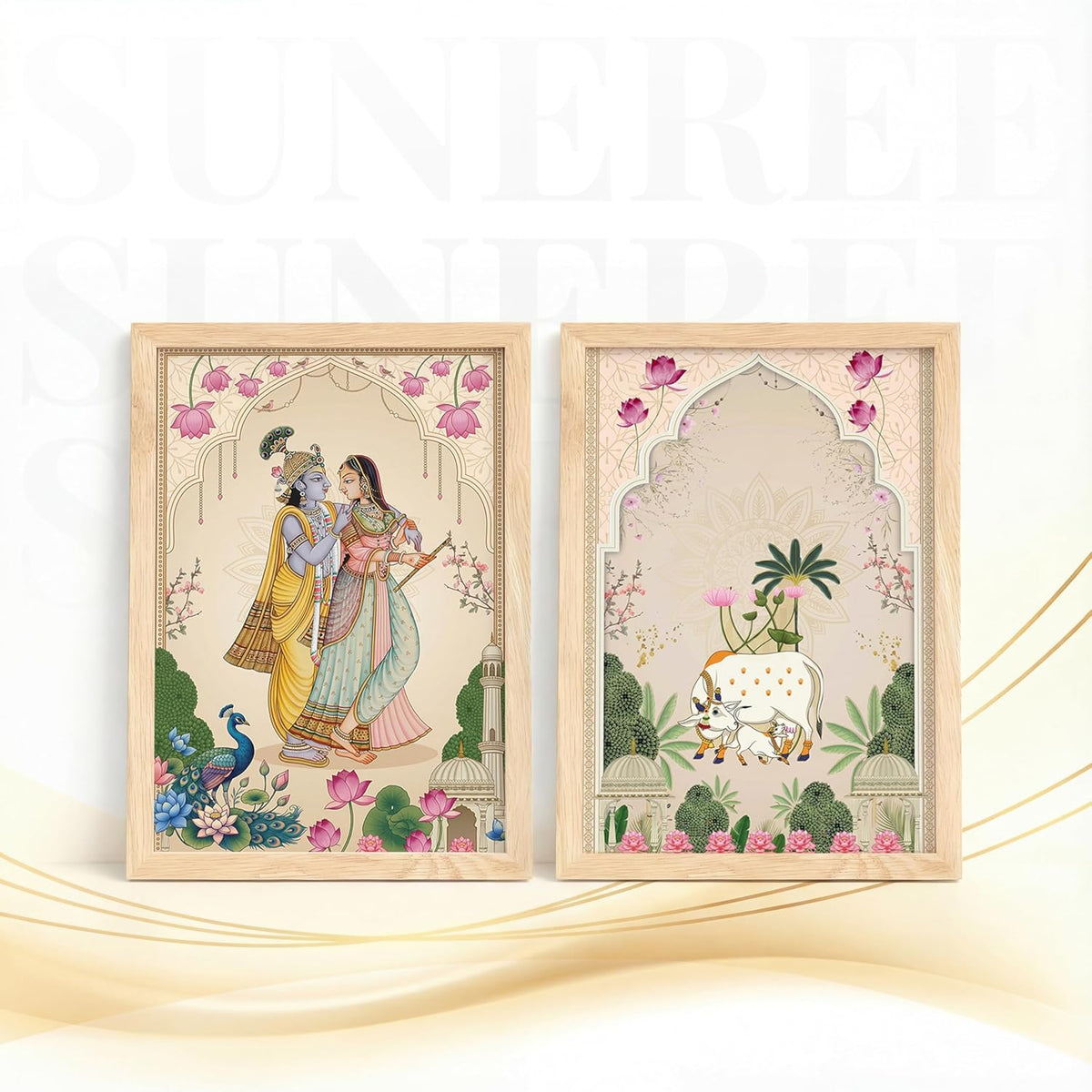 Pichwai Radha Krishna Kamdhenu Cow Wall Art Painting | Set of 2 Framed Paintings | Traditional Indian Decor for Living Room Pooja Room Home | (ART 3, 13x19 INCHES)