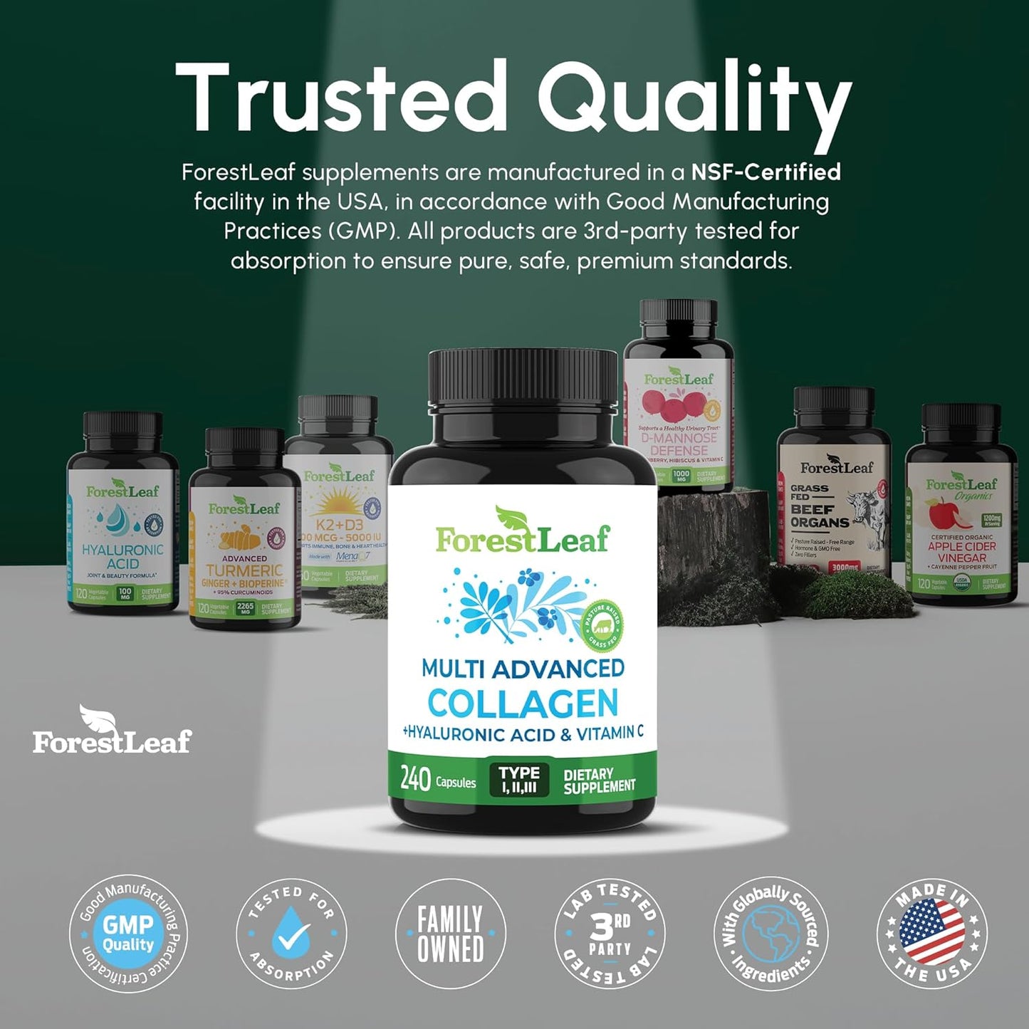 ForestLeaf supplement bottles with a focus on Multi Advanced Collagen on a gray surface.