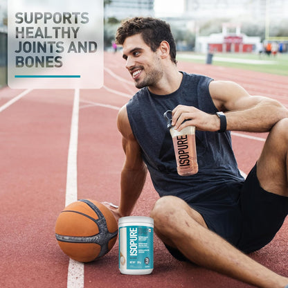 Man sitting on a track with a basketball and Isopure protein powder, promoting joint and bone health.