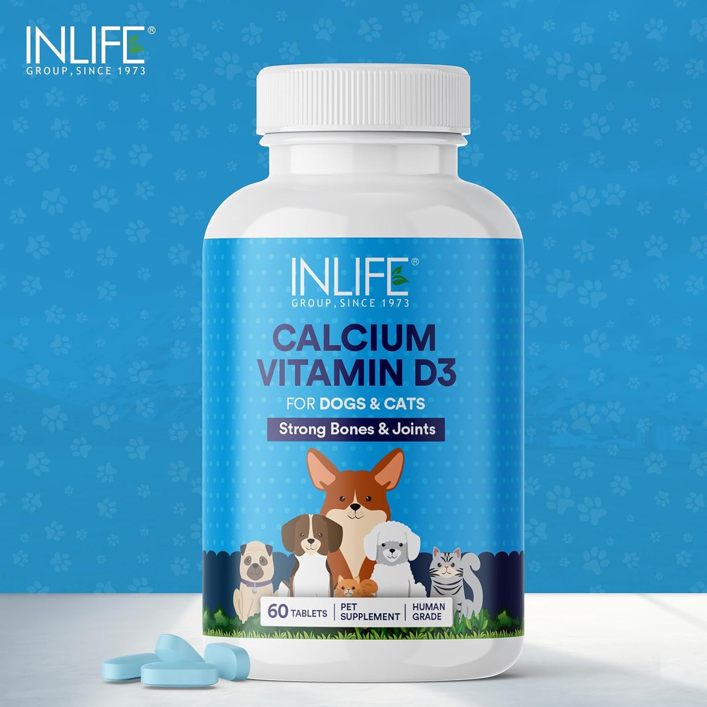 INLIFE Calcium Tablets for Dogs Cats and Pets with Vitamin D3 | Calcium Carbonate Supplement for Bone and Joint Support - 60 Tablets