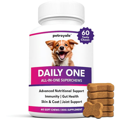 Petroyale Daily One, All-in-One Supplement for Dogs – 25 in 1, Dog Multivitamin, Probiotics, Omega 369, Hip & Joint, Skin & Coat, Gut Health – Soft Chew Dog Everyday Supplement for Dogs (60 Chews)