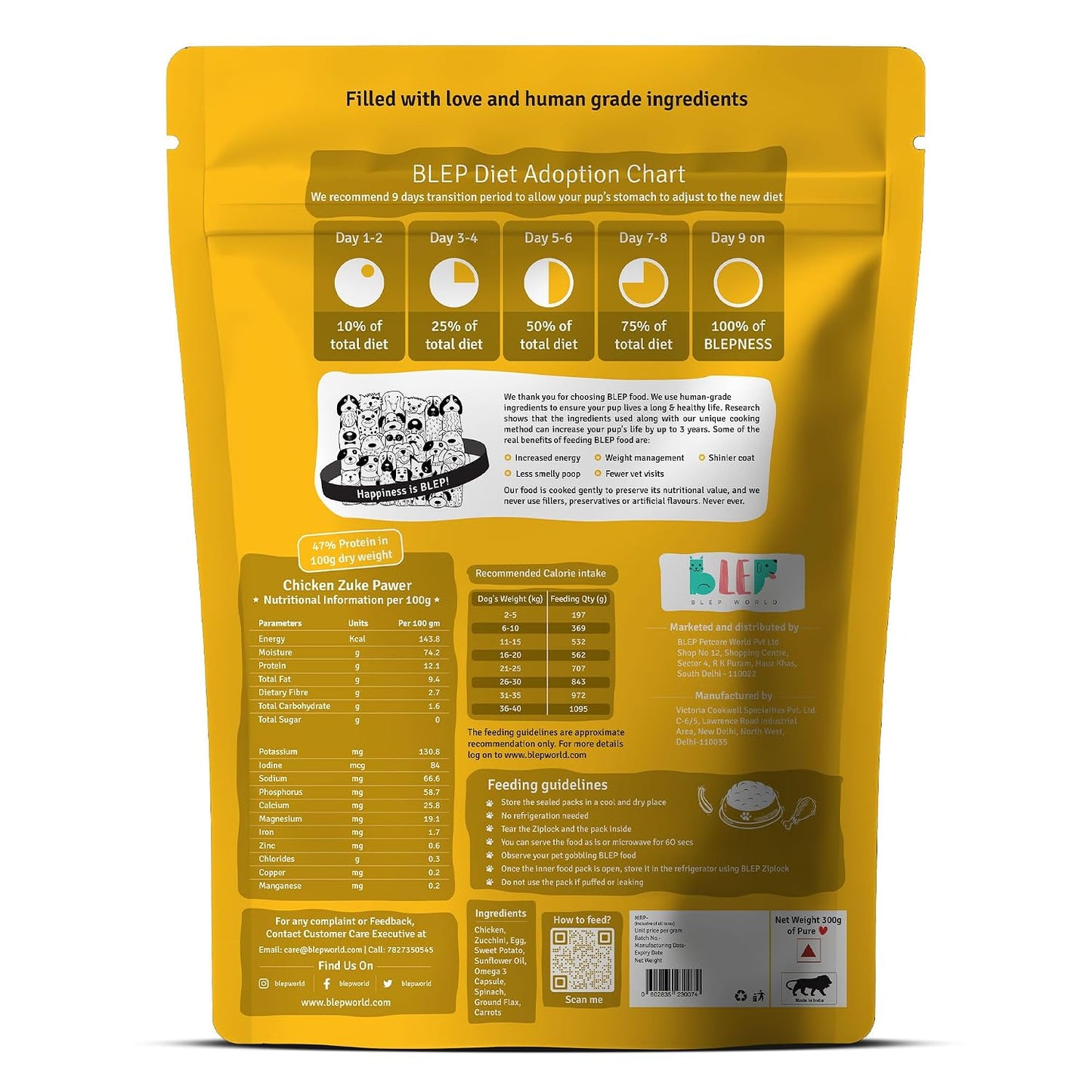 BLEP Dog Food Adult & Puppy | 300g | Dog Wet Food, High Protein, Omega 3&6, Contains Chicken Breast, Egg, Zucchini, Vegetables, Zero Preservatives, Digestible, Human Grade Fresh (Pack of 1)