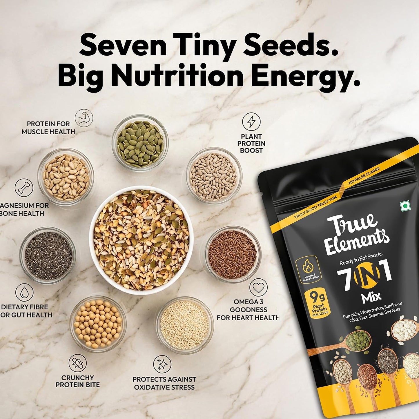 True Elements 7 in 1 Seeds Mix 250g - Complete Seed Blend | 24g Protein & 16g Fibre | High Fibre Super Seeds | Perfect for Oats, Smoothies & Healthy Snacking