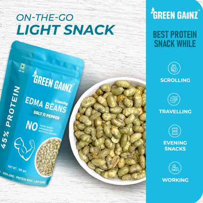 Green Gainz Roasted Edamame Salt n Pepper Flavour 100gm | Healthy Namkeen Snacks | Vegan | High Protein Snack | Weight Loss Friendly | No Palm Oil | Roasted, Not Fried