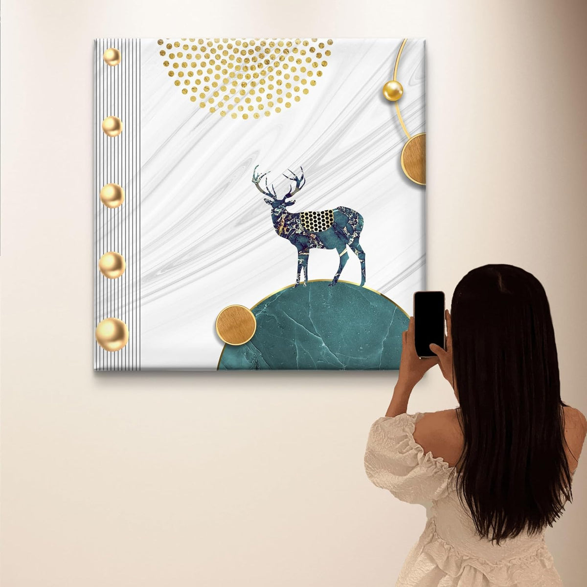 Modern Nordic Deer Wall Art Canvas Print, White Marble Background with Gold Accents, Teal and Gold Home Decor 16 Inch x 16 Inch CVS-38106