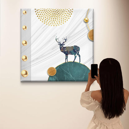 Modern Nordic Deer Wall Art Canvas Print, White Marble Background with Gold Accents, Teal and Gold Home Decor 16 Inch x 16 Inch CVS-38106