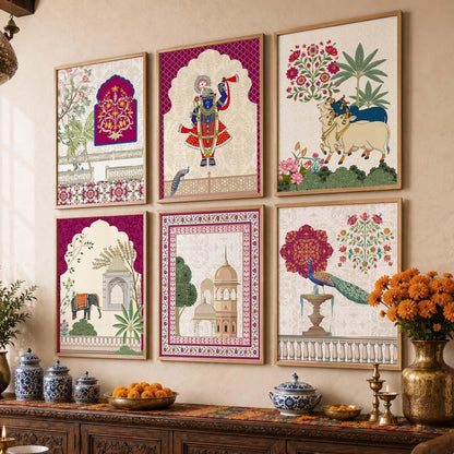 Indian Traditional Madhubani & Pichwai Wall Art | Framed Paintings for Living Room, Bedroom & Office Decor | Set of 6, 10x13 Inch