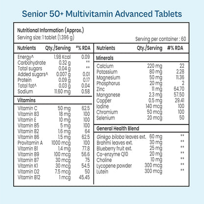 Tata 1mg Senior 50+ Multivitamin & Multimineral Veg Tablet with Calcium for Bone, Skin, Eye, Immunity, Heart & Joints, For Men & Women, Non-GMO & No Added Preservatives (Pack Of 60)