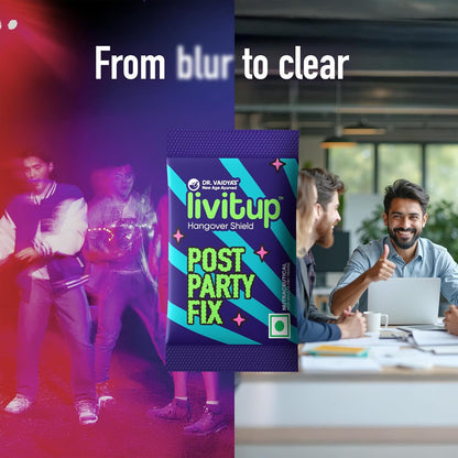 Dr. Vaidya's Livitup Post Party Fix | Hangover Relief & Liver Support | Helps Prevent Headache, Nausea & Acidity | With Sunthi, Ashwagandha & Taurine |15 Sachets (Pack of 1)