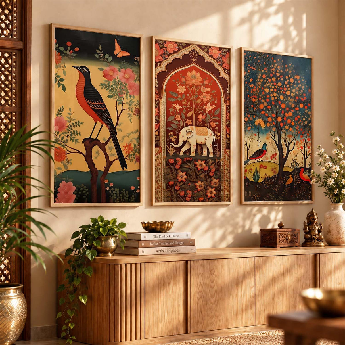 Art Wall Painting Indian Traditional Madhubani Home Decoration With Frame For Living Room Bed Room Hotel Wall Decor Digital Reprint Engineered Wood Set of 3 (Art 3, 10x19 inch)