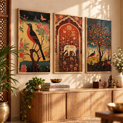 Art Wall Painting Indian Traditional Madhubani Home Decoration With Frame For Living Room Bed Room Hotel Wall Decor Digital Reprint Engineered Wood Set of 3 (Art 3, 10x19 inch)