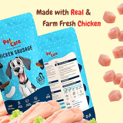 Pet en Care Chicken Sausage Dog Treats, 100g | Real Chicken | Protein Rich | Vitamin Enriched | All Breed and Sizes