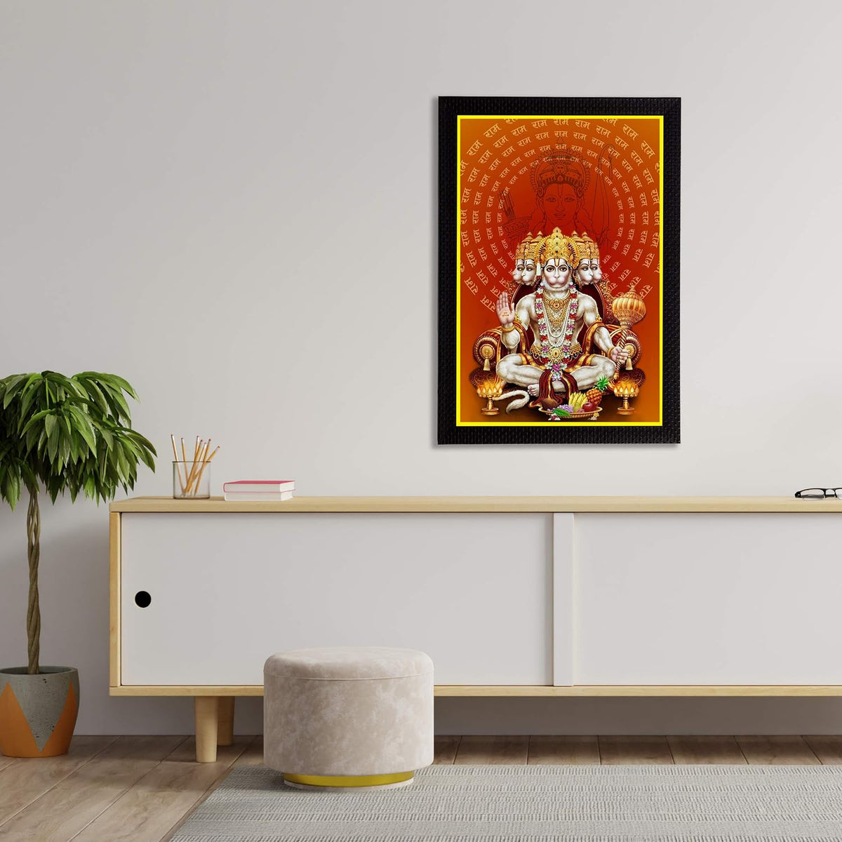 Lord Panchmukhi Hanuman Painting Digital Printed Religious Wall Art For Positive Energy, Prosperity, Success, Fame And Home, Office Decor - Gift For Hanuman Jayanti, Religious Occasions