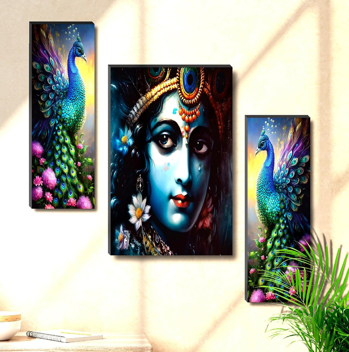 Krishna Divine Glow & Vibrant Peacock Wall Art – 3-Panel UV-Printed Spiritual Triptych | Ready-to-Hang Home Décor (20 Inch x 12 Inch) JM-35292