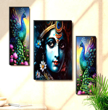 Krishna Divine Glow & Vibrant Peacock Wall Art – 3-Panel UV-Printed Spiritual Triptych | Ready-to-Hang Home Décor (20 Inch x 12 Inch) JM-35292