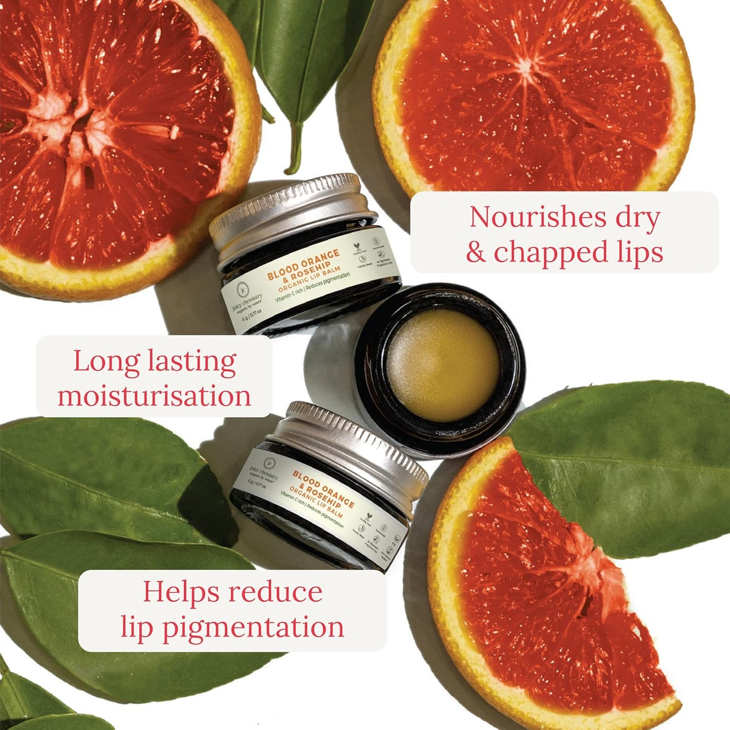 Juicy Chemistry Organic Lip Balm with Blood Orange & Rosehip, 5g | Deeply Moisturising & Brightening Lip Care | Reduces Lip Pigmentation | Dermatologically Tested | 100% Natural | Certified Organic & Cruelty-Free