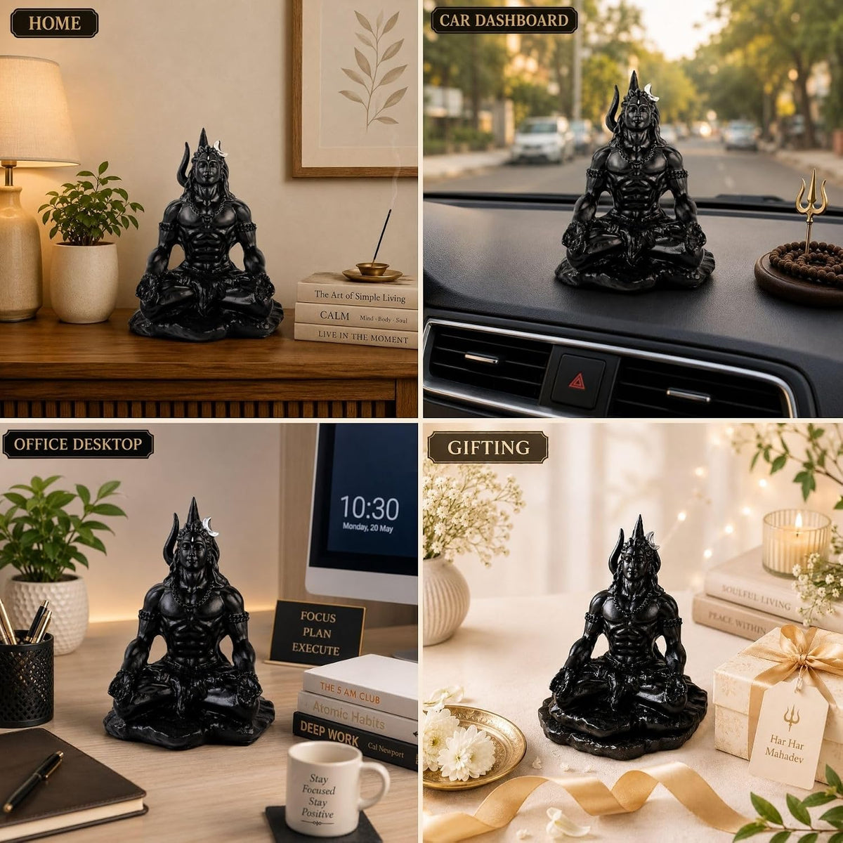 4 Inch Meditating Lord Shiva Idol | Black Finish Mahadev Murti in Dhyan Mudra with Trishul, Snake & Tiger Base for Home Temple, Mandir, Meditation Room, Office Desk & Car Dashboard