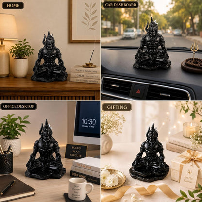 4 Inch Meditating Lord Shiva Idol | Black Finish Mahadev Murti in Dhyan Mudra with Trishul, Snake & Tiger Base for Home Temple, Mandir, Meditation Room, Office Desk & Car Dashboard