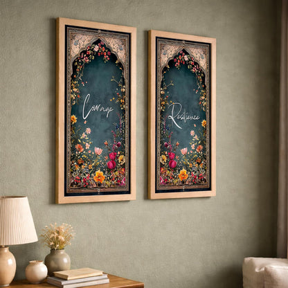 Motivational Floral Wall Art Set of 2 with Frame, Courage & Resilience Quote Prints, Vintage Botanical Arch Design, (Art-7, 10x19inch) Wooden Frame