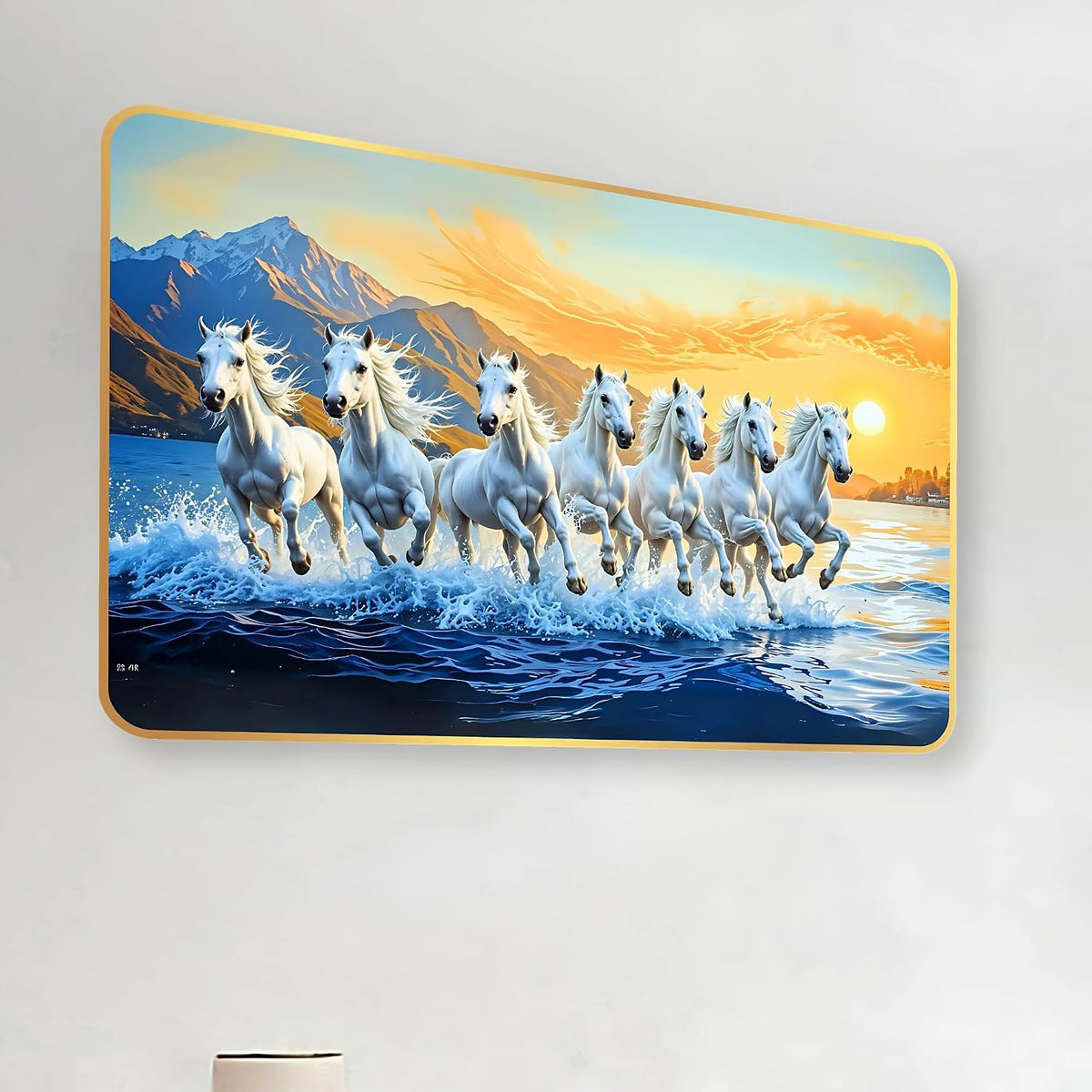 7 Running Horses MDF Wall Art 12x18 Inch | Golden Border Vastu Painting for Home & Office Décor | Modern Elegant Wall Hanging Frame for Living Room, Bedroom (Design 2)