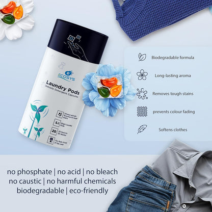 Ecosys 3-in-1 Dissolvable Magic Laundry Pods for 20 washes:Bioenzymes Infused,Tough Stain Fighter for Top & Front Load with Floral Aroma,1 Pod = 1 Wash for 5-7kg