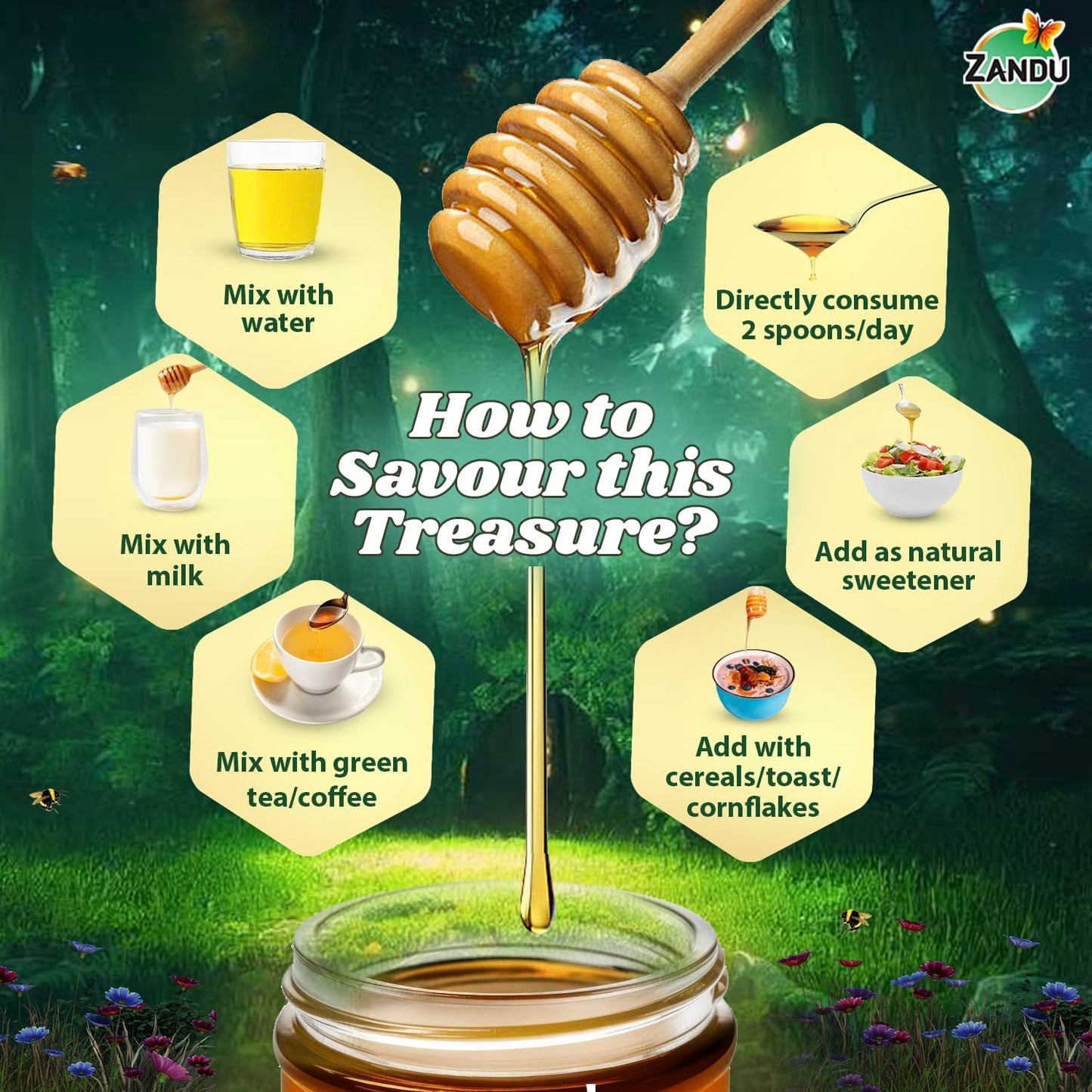 Zandu Sundarban Forest Honey I 100% Pure I Signature Taste & Fragrence Sourced From Dense Mangrove Forest I Rich in Pollent Count I Naturally Rich in Antioxidants, Glass Jar, 500g