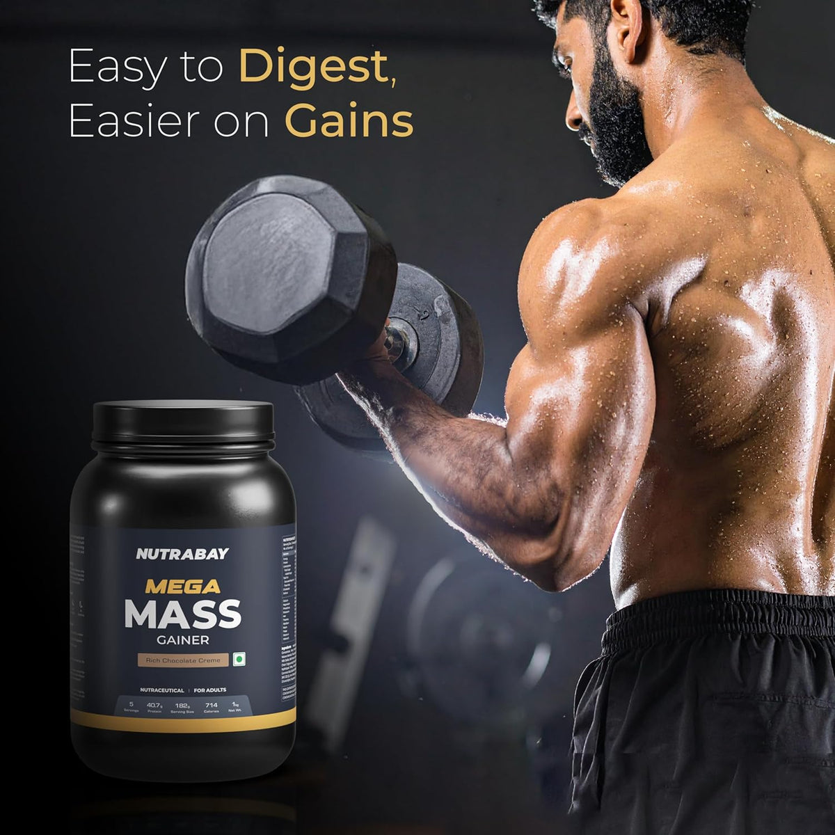 Man lifting a dumbbell with a Nutrabay Mega Mass Gainer supplement in the foreground on a dark background.